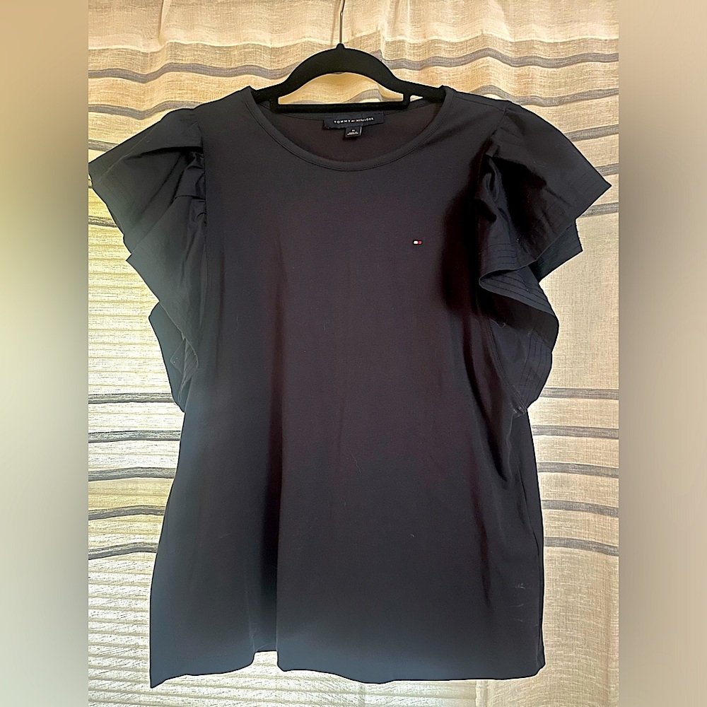 Navy Blue ruffle sleeve t-shirt style Tommy Hilfiger shirt, size small